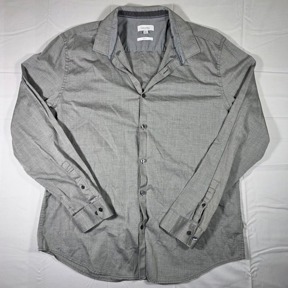 Calvin Klein Mens Slim Fit Grey Long Sleeve Button Down Shirt XL